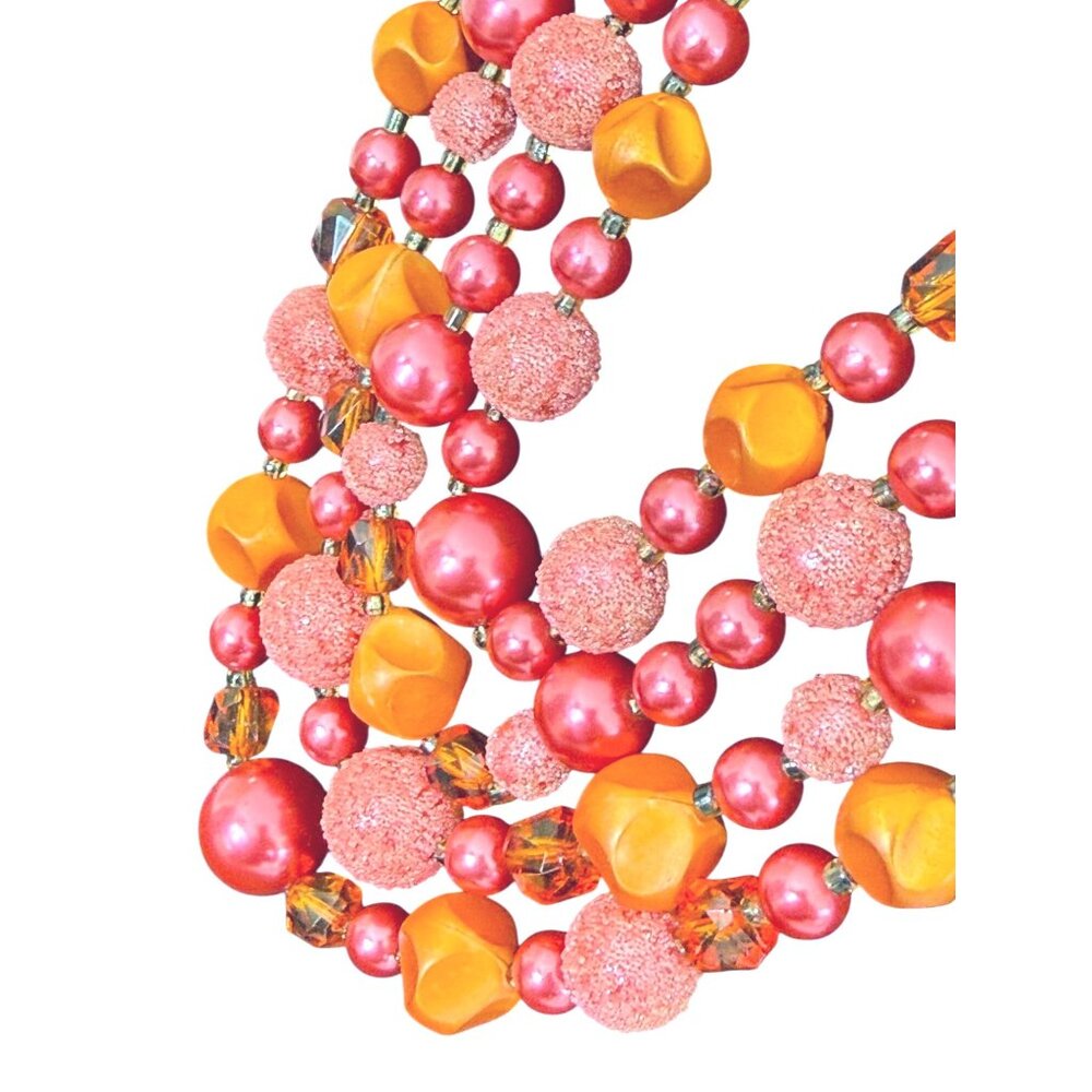 VTG JAPAN Necklace Earrings Set 4-Strand Pink Orange Sugar Bead Clip-On - Picture 4 of 10